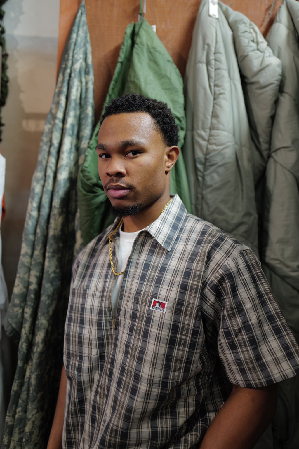 Ben Davis Short Sleeve Plaid 1/2 Zip Shirt